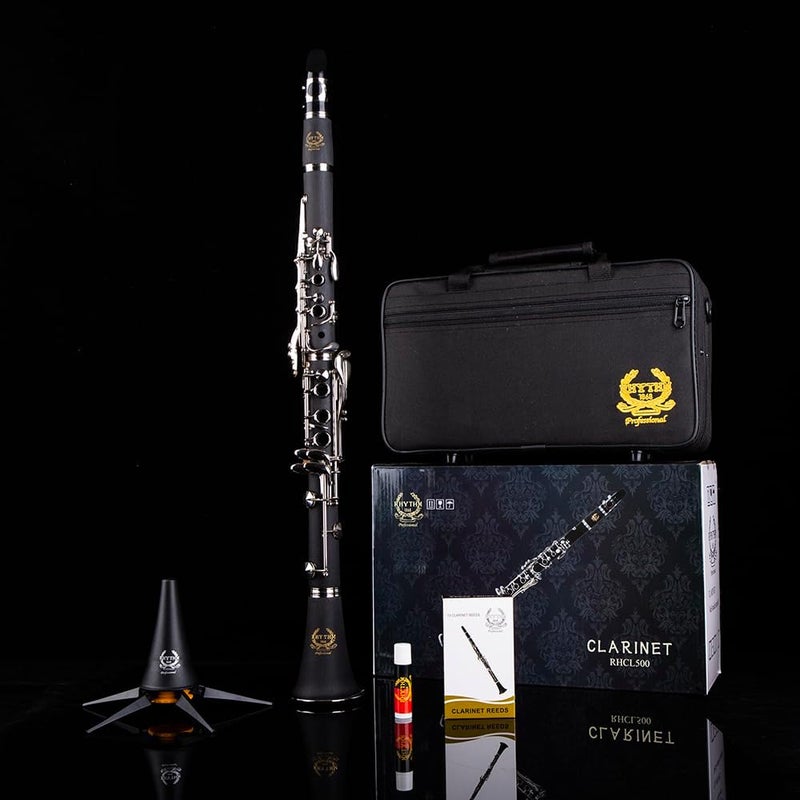 Rhythm Bb Clarinet 17 Nickel Keys Woodwind Band & Orchestra Musical Instruments for Beginners Includes Case, Stand, 10 Reeds and Cleaning Kit-Black/Silver keys - Image 2